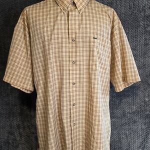 Lacoste  2XL Shirt Mens Brown Red Orange Plaid Regular Fit Button Down Crocodile